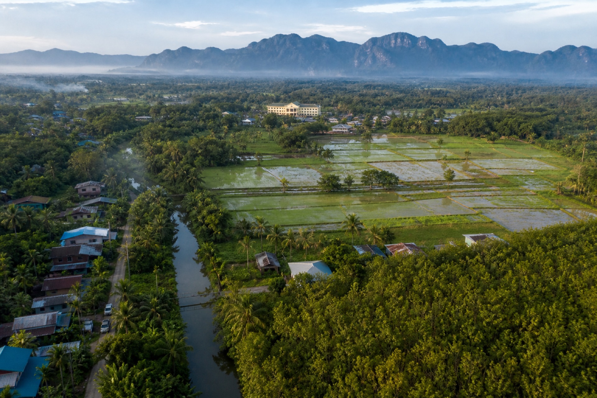 สภาพพื้นที่ตำบลตัวอย่าง — นาข้าว สวนยาง และชุมชนริมคลอง